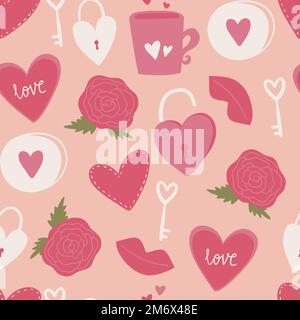 Nahtloses Muster mit roten Herzen, Liebeserklärungen und mehr. Hintergrund zum Valentinstag mit Symbolen von Liebe, Romantik und Leidenschaft. Stock Vektor