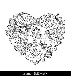 Rosenblumen in Form eines Herzens mit einer Liebesbotschaft. Vector Anti-Stress-Malbuch für Kinder und Erwachsene. Handzeichnung isoliert auf Stock Vektor