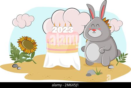 Ein süßes Häschen hat einen Kuchen für 2023 gebacken und beschlossen, alle Tiere im Wald zu behandeln Stock Vektor