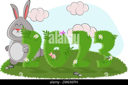 Süßer Hase, der von Neujahrszahlen auf der Lichtung gesammelt wurde Stock Vektor