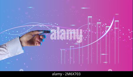 Holographisches Diagramm mit steigenden Zinsen und Indikatoren. Geschäftswachstumskonzept, hohe Profitabilität, erfolgreiche Gründung. Das Wachstum Stockfoto