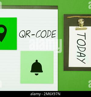 Schild mit QR-Code. Wort auf dem Warenzeichen für eine Art von Matrix-Barcode Ein maschinenlesbarer Code Stockfoto
