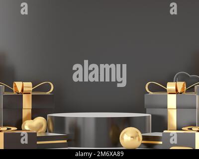 Valentinstag-Podium-Modell-Konzept. Szene mit goldenem Valentinstag-Objekt und schwarzem Hintergrund, schwarzer Produktanzeige, luxuriösem 3D-Rendering. Steht für Valentine Stockfoto