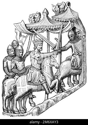 Adolf, König der Römer (vor 1250-1298), römisch-deutscher König, König Adolf in einer Schlägerei. Elfenbeinschnitzerei aus dem Ende des 13. Jahrhunderts, jetzt im Germanischen Museum in Nürnberg, , (Geschichtsbuch 1899), Adolf von Nassau (vor 1250-1298), römisch-deutscher König, König Adolf im Kampf. Elfenbeinschnitzerei aus dem Ende des 13. Jahrhundert, Zeit der Schlacht bei Göllheim, heute im Germanischen Museum in Nürnberg, Adolphe de Nassau (vor 1250-1298), roi romain-Allemand, Le roi Adolf dans la mêlée. Skulptur en ivoire de la fin du 13e siècle, actuellement au Musée germanique de Nürnberg Stockfoto