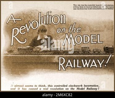 Eine 1930-Darstellung, die das revolutionäre Uhrwerk-Modell der Eisenbahn erklärt. Stockfoto