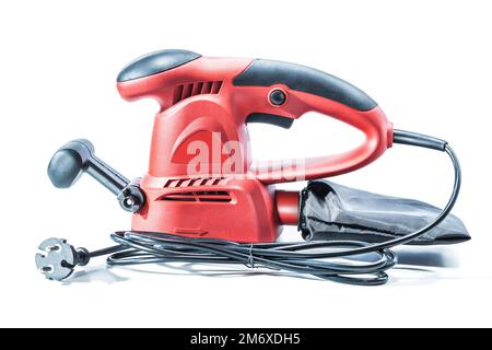 Elektrisches Handwerkzeug Holzschleifmaschine isoliert auf weißem Hintergrund Stockfoto
