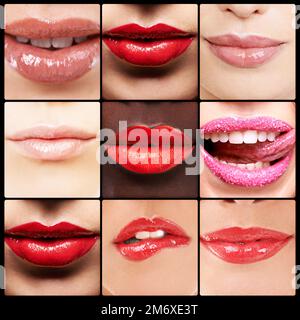 Lippenstift für Spaß und Flirten. Das zusammengesetzte Bild von Lippenlippen von Frauen mit Lippenstift. Stockfoto