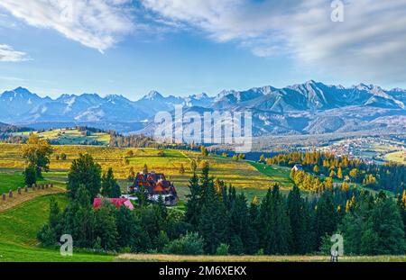 Sommer-Berg-Dorfrand und Tatra Bereich hinter (Gliczarow Dolny im Tal, Polen) Stockfoto