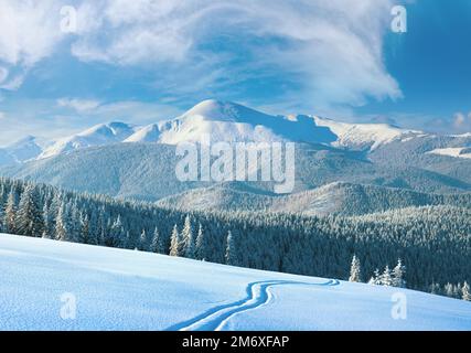 Im Winter am Vormittag ruhige Berglandschaft mit Skipiste und Nadelwald am Hang (Blick auf die Gouverneur - der höchste Berg in der Ukraine Stockfoto