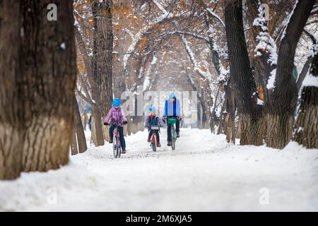 Vater mit Kindern fährt im Winter Fahrrad. Mann mit Sohn und Tochter, der im Winterpark Fahrrad fährt Stockfoto
