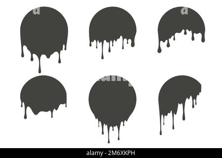 Geschmolzener Tropf in Kreisform. Tropfen flüssiger Schokolade, Sahne oder Farbe. Schwarze Farbspritzer für Logo und Rahmen. Vektor Stock Vektor