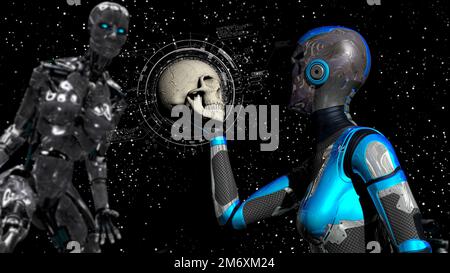 Futuristischer weiblicher Cyborg mit menschlichem Schädel und einem anderen Cyborg im Hintergrund - 3D-Rendering Stockfoto