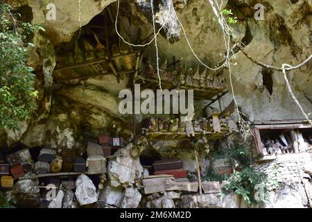 Särge und Gräber wurden in Felsklippen gelegt. Diese Methode ist eine Tradition, die als Grab für Menschen benutzt wird, die im Tana-Toraja-Stamm, Sulawesi, starben Stockfoto