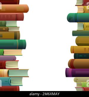 Stapel Bücher nahtloser vertikaler Rahmen. Cartoon-Style. Tolle Kollektion zum Lesen. Bibliothek oder Buchhandlung. Isoliert auf weißem Hintergrund. Vektor. Stock Vektor