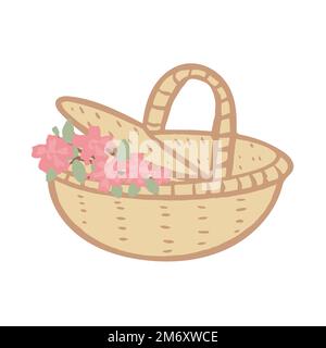 Von Hand gezogener, isolierter, offener, gewebter Korb mit Sakura-Blumen Stock Vektor