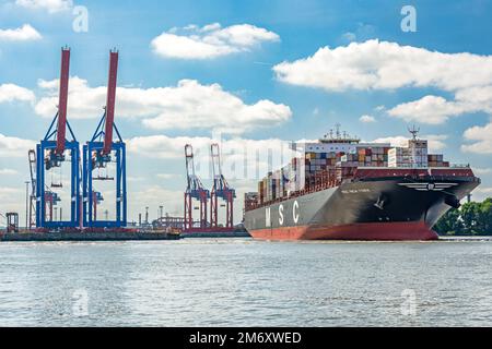 Große Containerschiffe legen im Containerterminal Tollerort im Hafengebiet von Hamburg an Stockfoto