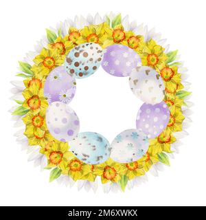 Hausgezeichneter Höhepunkt der Osterfeier in Aquarell. Kranz mit Eiern, Häschen, Narzissen, Blättern. Isoliert auf weißem Hintergrund Stockfoto