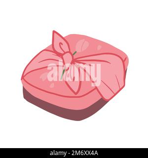 Handgezogene isolierte rosafarbene Sakura-Bento-Box mit furoshiki-Stoffumhüllung mit Knoten Stock Vektor