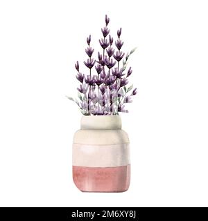 Aquarell-lavendelfarbener Blumenstrauß in staubrosa Vase, minimalistische, realistische Darstellung auf weißem Hintergrund Stockfoto