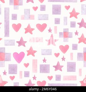 Nahtloses handgezeichnetes Aquarellmuster mit pinkfarbenen und violetten verschiedenen geometrischen Formen auf weißem Hintergrund. Abstrakter geometrischer Hintergrund. Aquarell Stockfoto