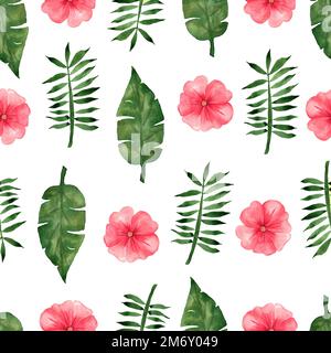Aquarell Hand zeichnen tropische rote Blumen und grüne Blätter Muster auf weißem Hintergrund. Stockfoto