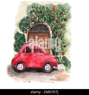 Die Komposition eines roten Autos ist neben der braunen Holztür mit blühenden roten Blumen geparkt. Handgezeichnete Aquarelle. Frühling und Sommer. Stockfoto