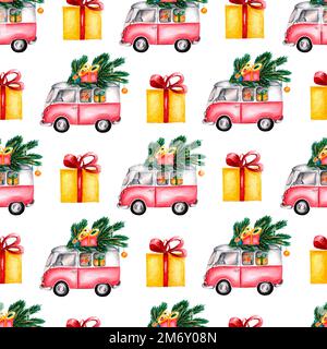 Aquarell-Weihnachtsspielzeugbus mit Süßigkeiten, Kisten, weihnachtsbaum, Bällen. Nahtloses Muster auf weißem Hintergrund. Weihnachtliches Design. Han Stockfoto