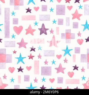 Nahtloses handgezeichnetes Aquarellmuster mit verschiedenen geometrischen Formen in Pink, Blau und Violett auf weißem Hintergrund. Abstrakter geometrischer Hintergrund. Wasser Stockfoto