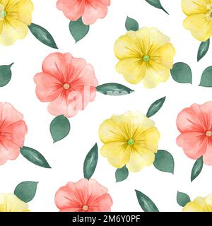 Wasserfarbenes Blumenmuster auf weißem nahtlosen Hintergrund. Handgemalt. Perfekt für Stoff, Papier oder Tapeten. Rasterdarstellung. Stockfoto