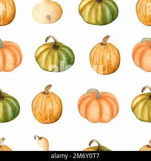 Wasserfarbenes nahtloses Muster mit Kürbissen in Grün, Gelb und Orange. Hintergrund für Thanksgiving. Perfekt für dein Design. Herbst-Style. Stockfoto