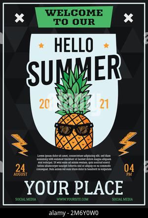 Vektorplakat mit Ananas zur Ankündigung der „Hello Summer“-Veranstaltung Stock Vektor