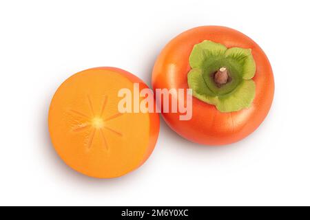 Persimonenfrucht, isoliert auf weißem Hintergrund mit voller Schärfentiefe. Draufsicht. Flach verlegt Stockfoto