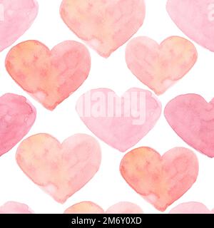 Aquarell Herzen nahtloser Hintergrund. Rosafarbenes Herzmuster. Farbenfrohe, wasserfarbene, romantische Textur in zarten pinkfarbenen Farben. Stockfoto