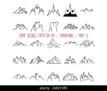 Sammlung von Umriss-Bergsymbolen. Teil 3 Stock Vektor