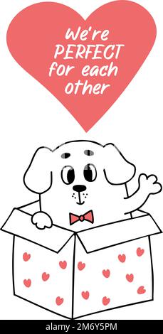 Süßer Hund mit Geschenkbox winkender Pfote. Coole Karte Valentinstag mit Inschrift war perfekt füreinander. Vektorgrafik im Kritzelstil Stock Vektor