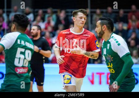 Odense, Dänemark. 05. Januar 2023. Emil Jakobsen (7) aus Dänemark während des Testspiels zwischen Dänemark und Saudi-Arabien in der Jyske Bank Arena in Odense. (Foto: Gonzales Photo/Alamy Live News Stockfoto