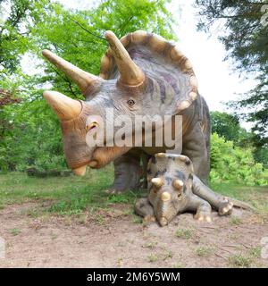 Triceratops mit Young in natürlicher Umgebung. Stockfoto