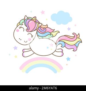 Das süße Kawaii-Pony-Einhorn läuft über den Regenbogen. Vektor Stock Vektor