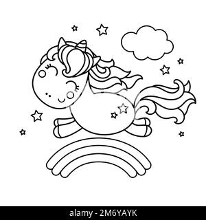 Süßes laufendes Pony Einhorn. Lineares Schwarzweiß-Bild. Vektor Stock Vektor