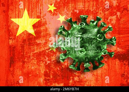 Coronavirus vor der Flagge Chinas Stockfoto