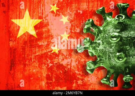 Coronavirus vor der Flagge Chinas Stockfoto