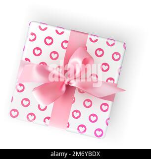 Geschenkbox mit pinkfarbenem Band und Herzmuster. Vektordarstellung Stock Vektor