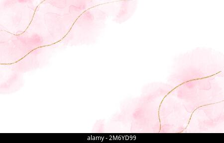 Abstrakter Pinkfarbener, Wasserfarbener, Fleckiger Hintergrund Mit Goldenem Glitzer, Vorlage Für Hochzeitseinladungen Stockfoto