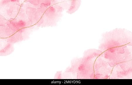 Abstrakter Pinkfarbener, Wasserfarbener, Fleckiger Hintergrund Mit Goldenem Glitzer, Vorlage Für Hochzeitseinladungen Stockfoto