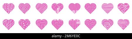 Ein großes Set rosa Herzen. Vektordarstellung Herzformen. Süße handgezeichnete Kritzelherzen. Romantischer Hintergrund Stock Vektor