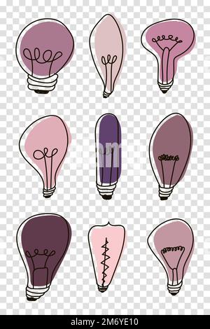 Glühbirnen kritzeln. Farbenfrohe helle Blüten Symbolset. Kreative Glühbirnen Doodle Kollektion. Vektordarstellung Stock Vektor