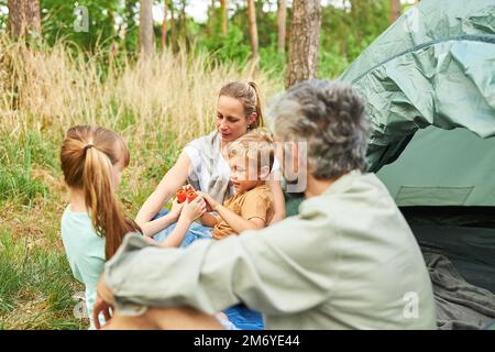 Geschwister mit Fernglas, die von den Eltern vor dem Zelt im Wald auf dem Campingplatz sitzen Stockfoto