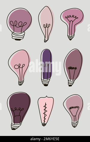 Glühbirnen kritzeln. Farbenfrohe helle Blüten Symbolset. Kreative Glühbirnen Doodle Kollektion. Vektordarstellung Stock Vektor