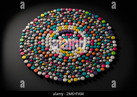 Eine Nahaufnahme von bunten Drogen, die in Reihe angeordnet sind Stockfoto