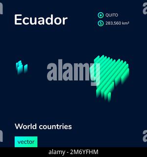 Karte von Ecuador 3D. Stilisierte, gestreifte, isometrische Vektorkarte Ecuadors mit 3D-Effekt. Stock Vektor